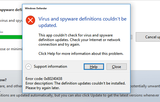 Memperbaiki Windows Defender Error Code 0x80240438